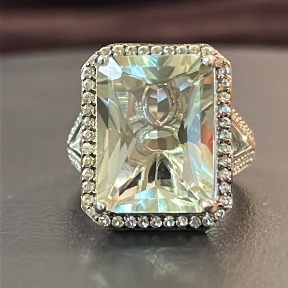Radiant Premium Motezuma Prasiolite, Green Sapphire, Zircon Halo Ring Platinum 6